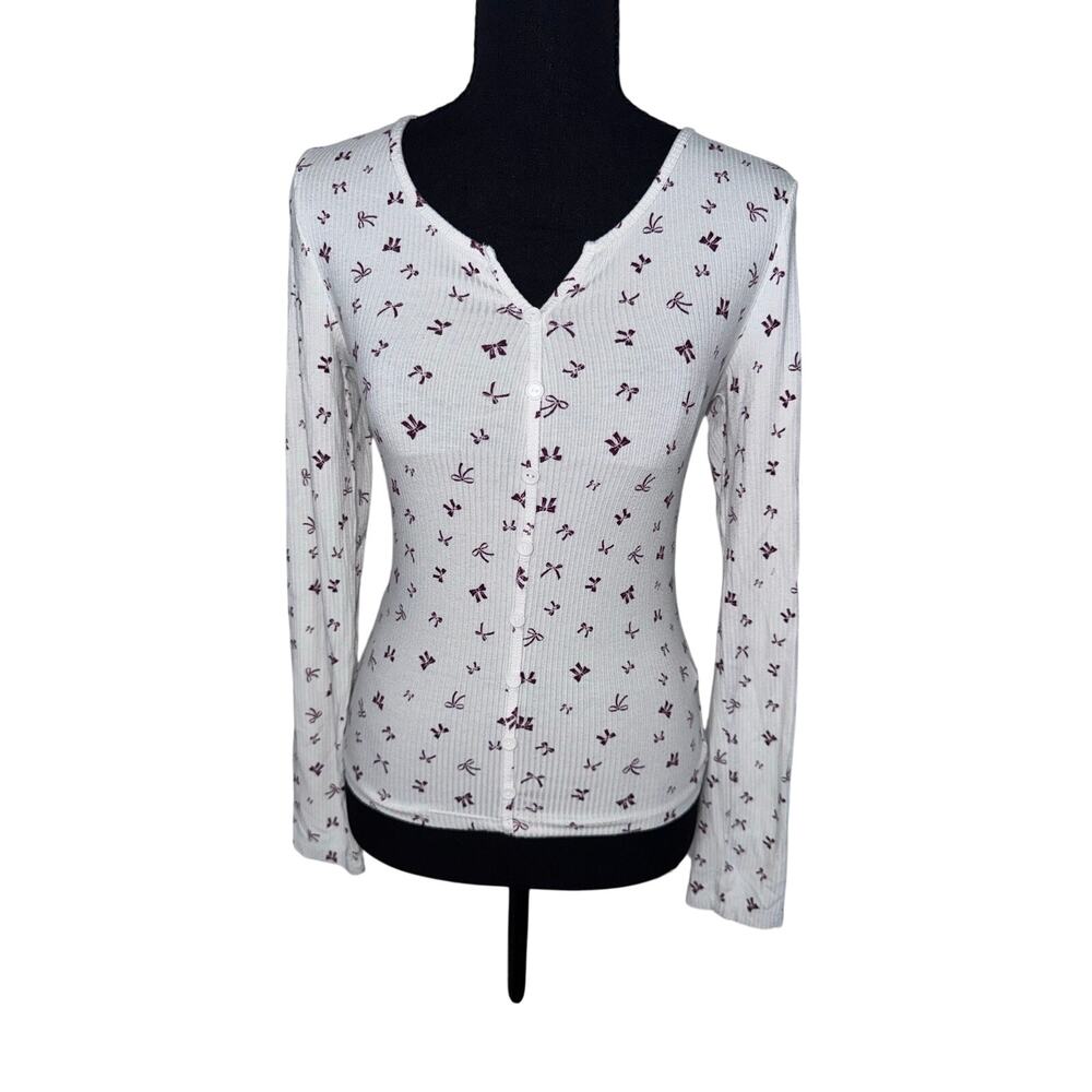 Streetwear Society Women’s M White Ribbed Bow Print Button Front Cardigan Top